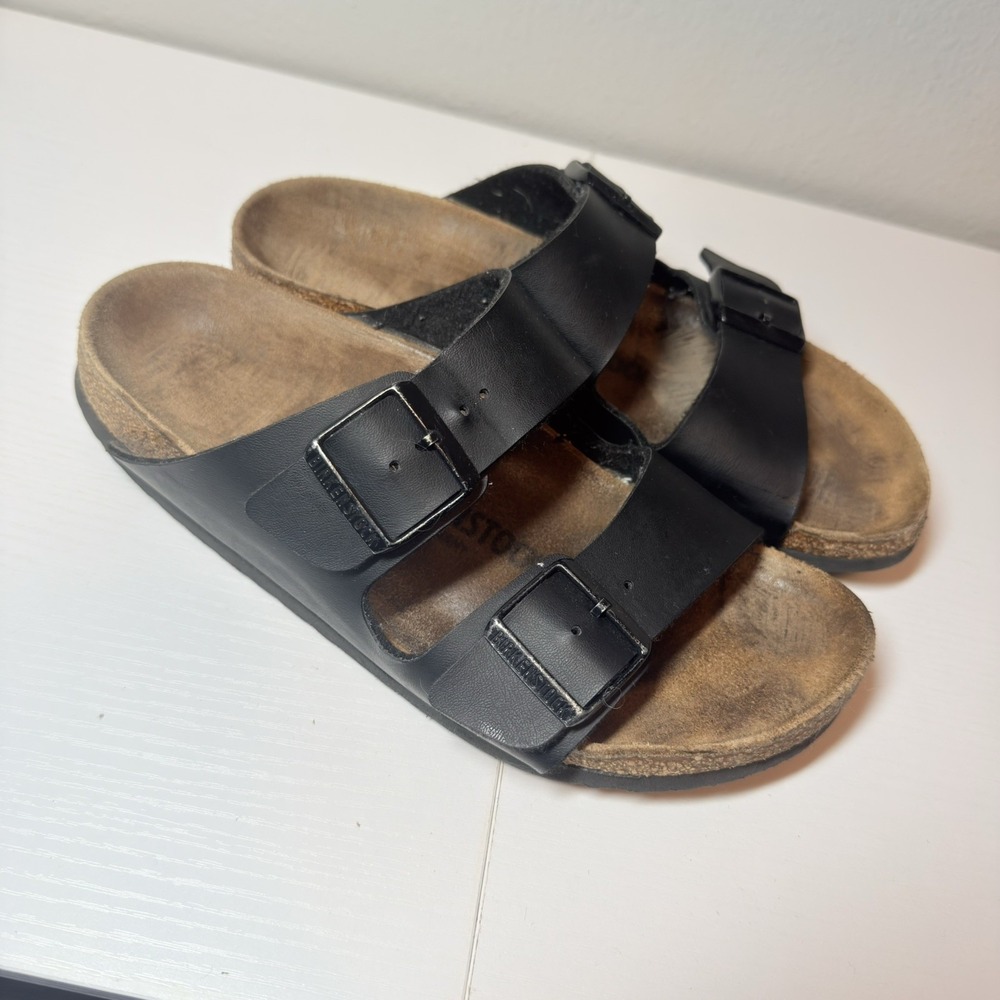 Birkenstock Arizona Classic Birko-Flor Double Buckle Slides Black Women Sz 8/39